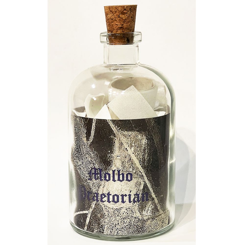 <br/>Molbo Praetorian, 10/10/2025<br/>Apx 6½" x 3" x 3"<br/>glass, paper, ink, cork, plastic and cloth